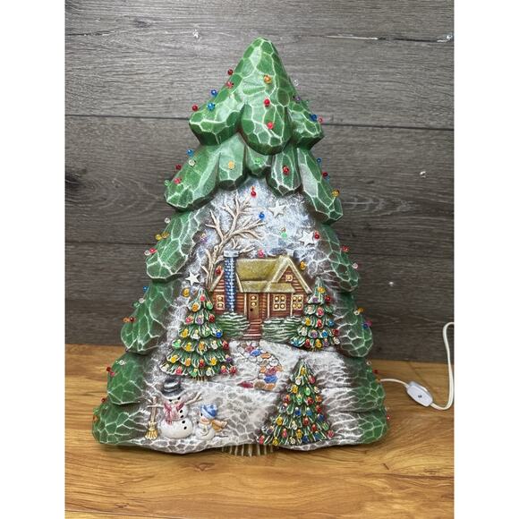 Rare Ceramic Christmas Tree 17.5” Cabin Scene Snowman Lighted 147 Lights Lamp - Picture 6 of 15